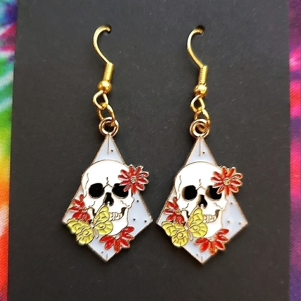 Handmade diamond skull butterfly flower earrings - Picture 5 of 5